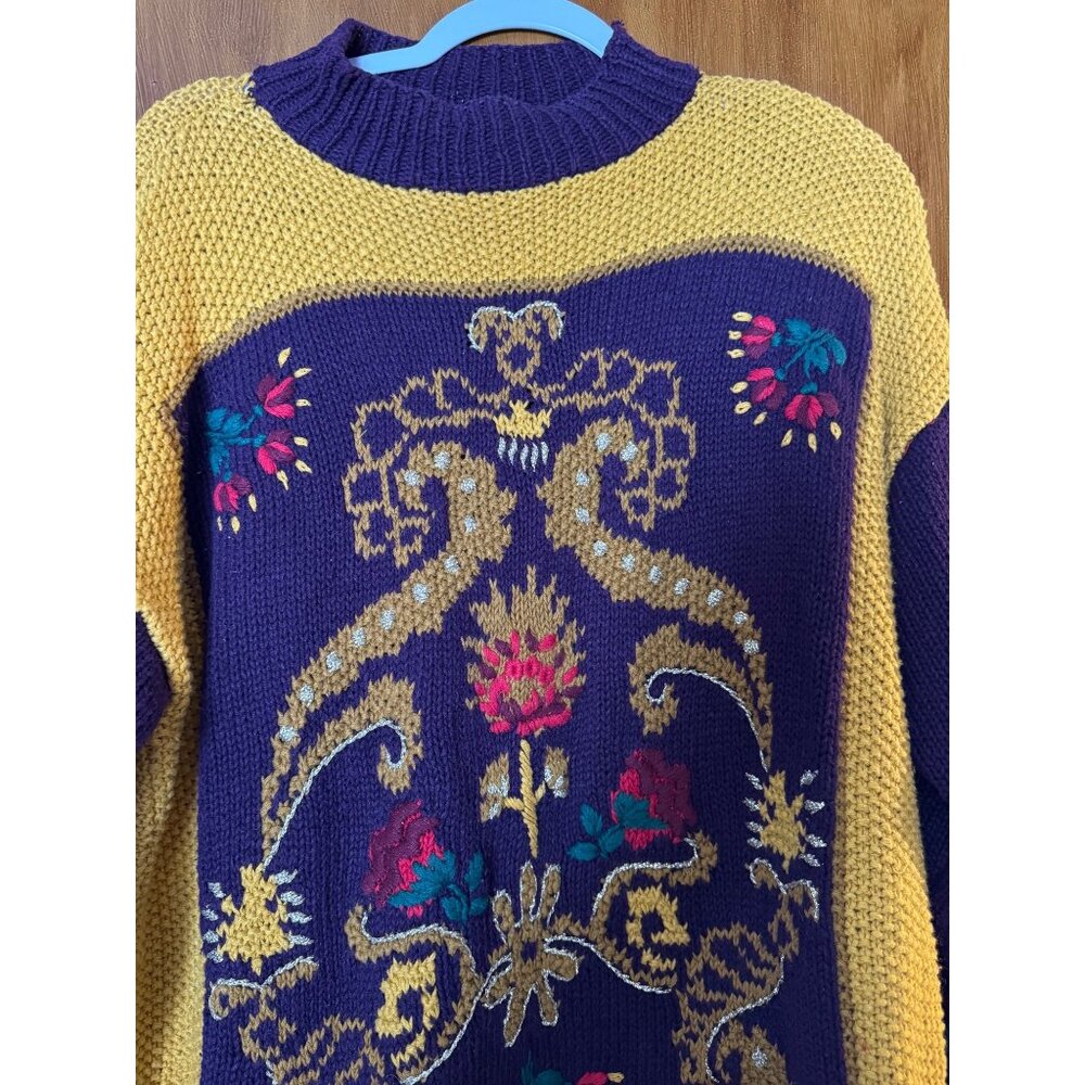 Vintage Casual Corner Knit Sweater Purple & Yellow Floral Design Womens Medium A - Picture 3 of 5
